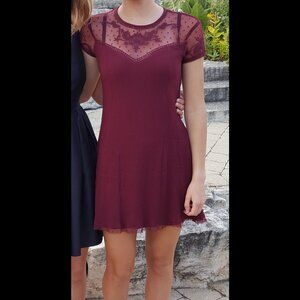 Burgundy Skater Dress, Short Sleeve with Mesh Lace Neckline